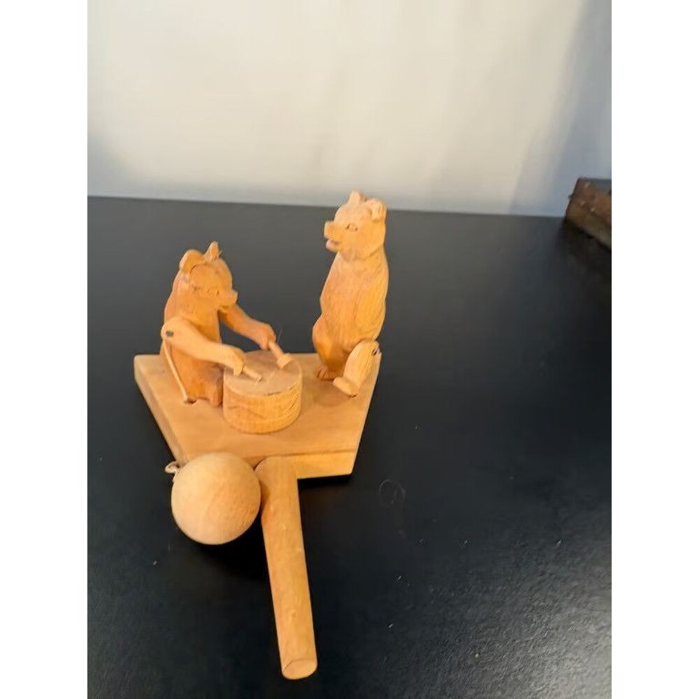 Hand Carved Wood Cat Drummer Pendulum Mechanical Folk Art Figurine